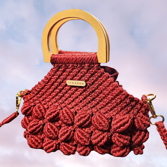 Legarda Handmade Macrame Red Boho Knit Crossbody Bag with Wooden Handles - Picture 4 of 8